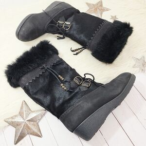 Vintage Sorel black calf hair winter boots fur trim wool lined beaded size 9